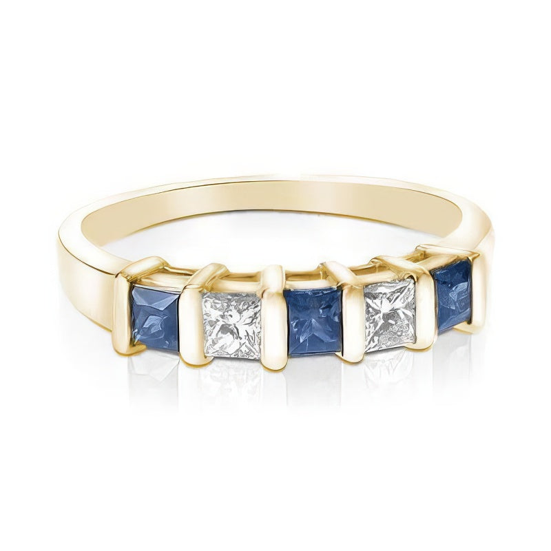 1.00 CT Princess Cut Blue Sapphires & Diamonds - Wedding Band
