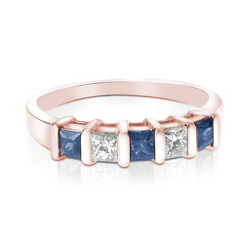 1.00 CT Princess Cut Blue Sapphires & Diamonds - Wedding Band
