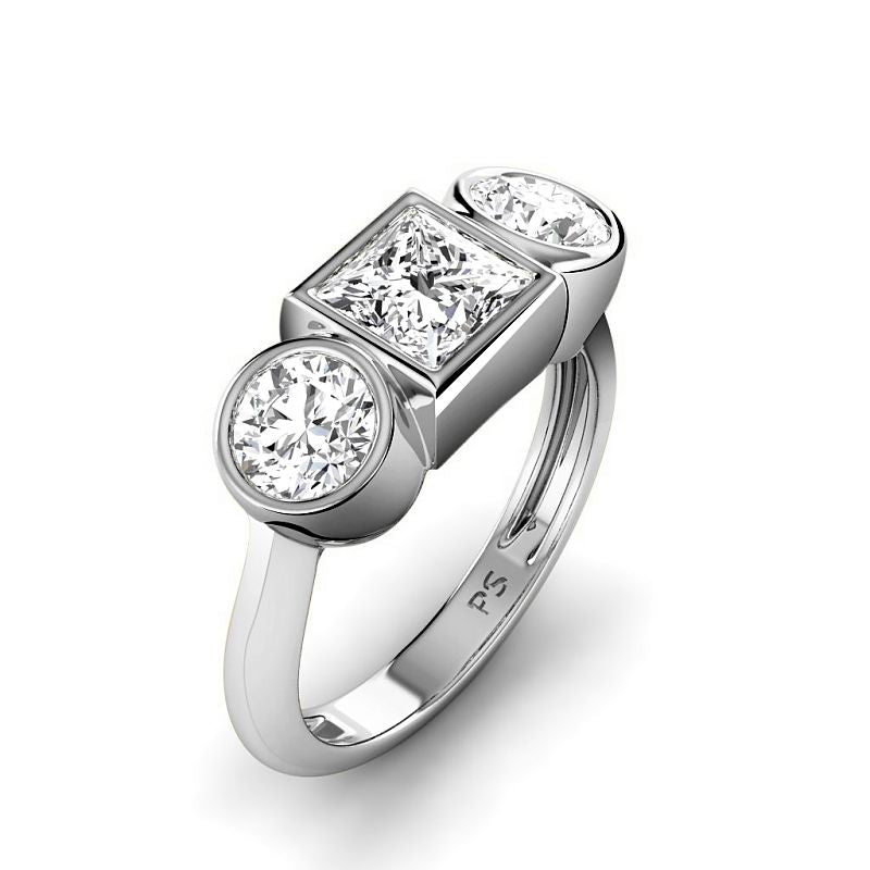 1.10-1.30 CT Round &amp; Princess Cut Diamonds - Three Stone Ring