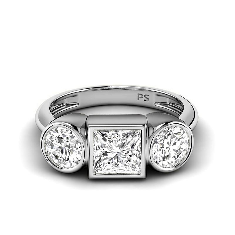 1.10-1.30 CT Round &amp; Princess Cut Diamonds - Three Stone Ring