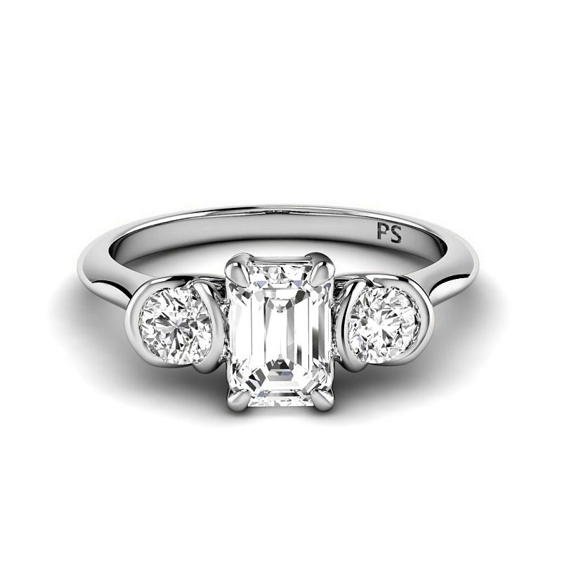 0.80 CT Round &amp; Emerald Cut Diamonds - Three Stone Ring