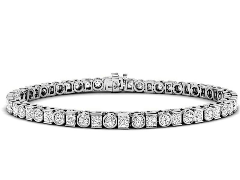 4.05-7.50 CT Princess &amp; Round Cut Diamonds - Tennis Bracelet