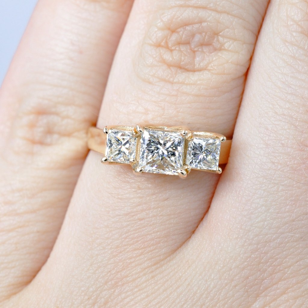 Alluring 1.50 CT Princess Cut Diamond Three Stone Ring in 14KT Yellow Gold - Primestyle.com