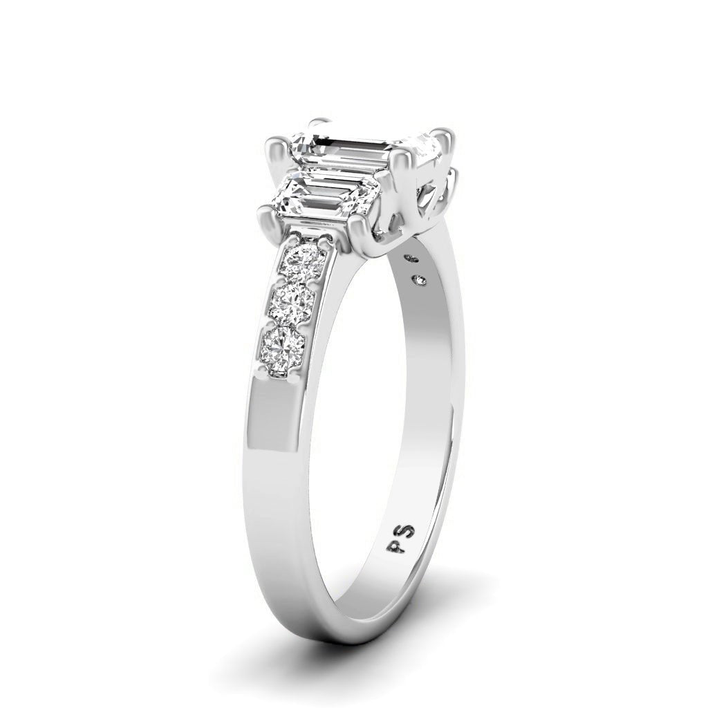 1.70-1.90 CT Emerald & Round Cut Natural Diamonds - Three Stone Rings