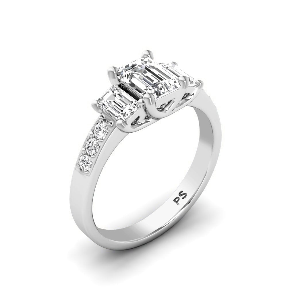 1.70-1.90 CT Emerald & Round Cut Natural Diamonds - Three Stone Rings