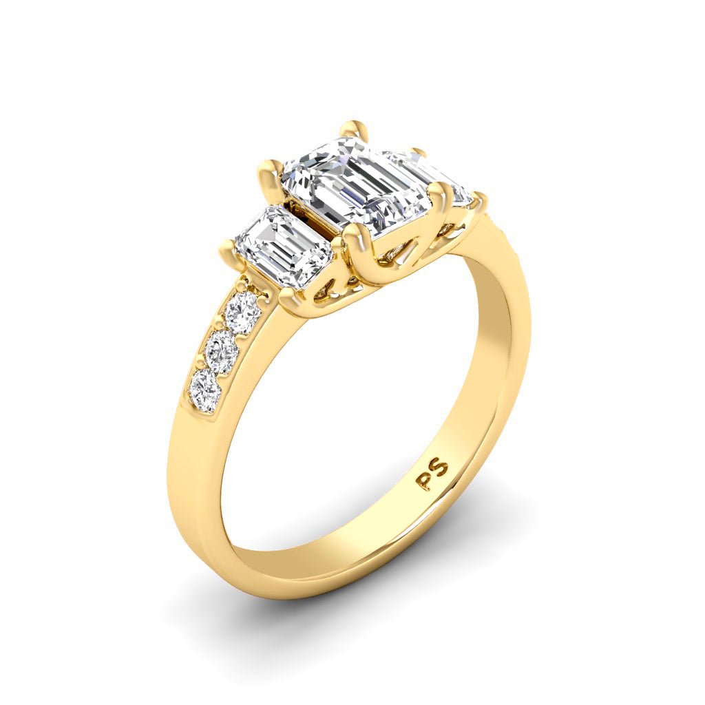 1.70 - 1.90 CT Emerald & Round Cut Natural Diamonds - Three Stone Rings - Primestyle.com