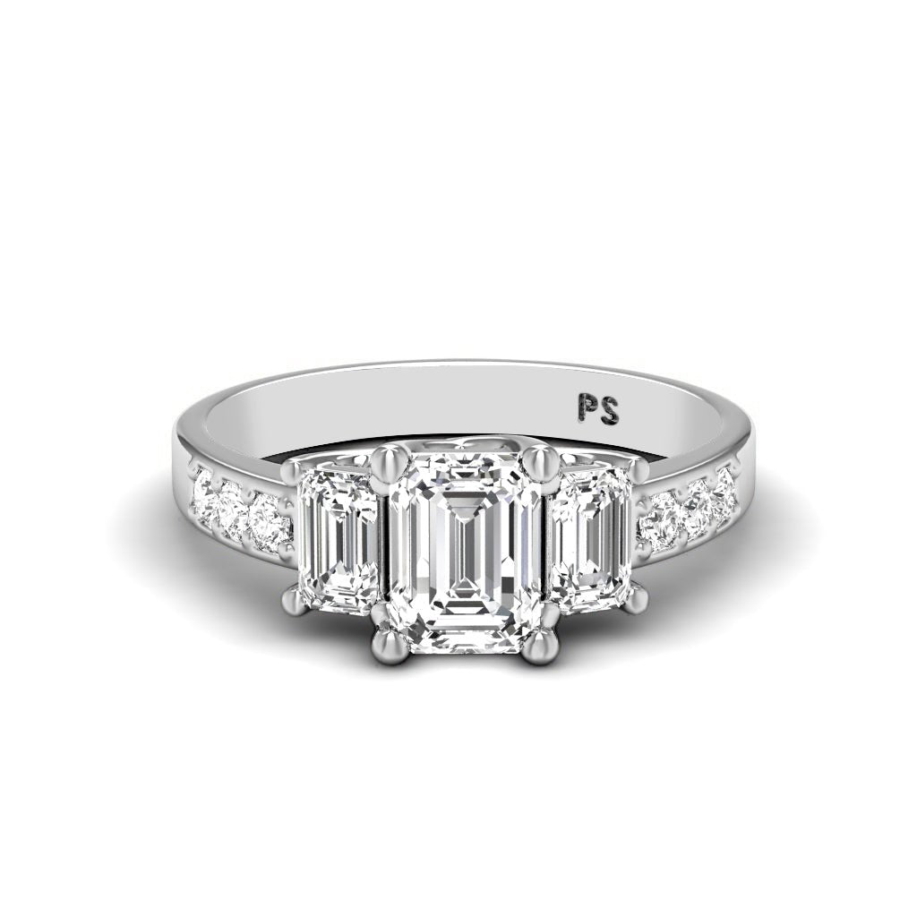1.70 - 1.90 CT Emerald & Round Cut Natural Diamonds - Three Stone Rings - Primestyle.com