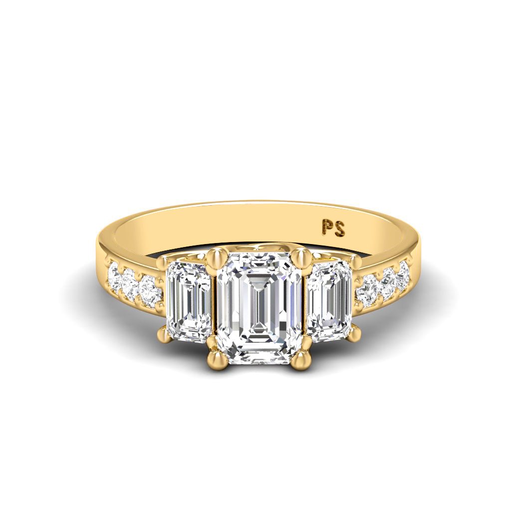 1.70 - 1.90 CT Emerald & Round Cut Natural Diamonds - Three Stone Rings - Primestyle.com