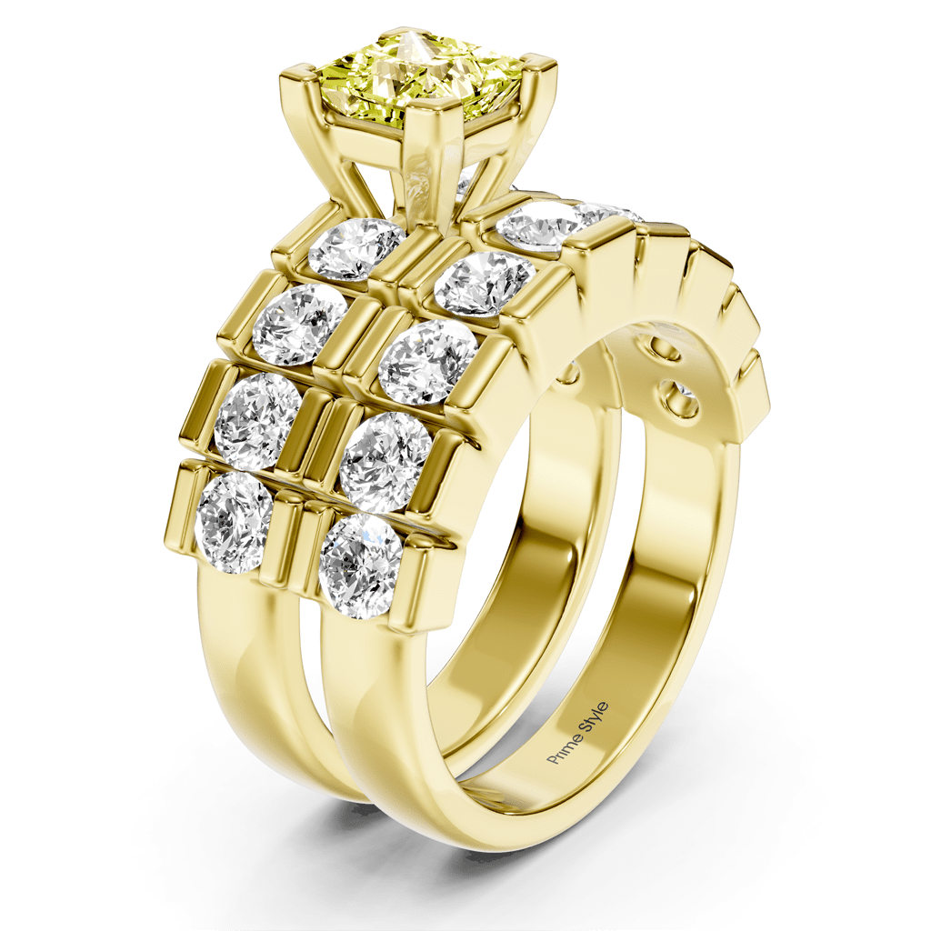 3.25 - 6.25 CT Princess & Round Cut Fancy Yellow Diamonds - Bridal Set - Primestyle.com