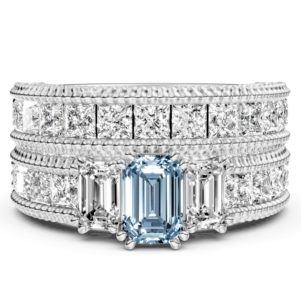 4.10-7.10 CT Emerald & Princess & Round Cut Fancy Blue Diamonds - Bridal Set