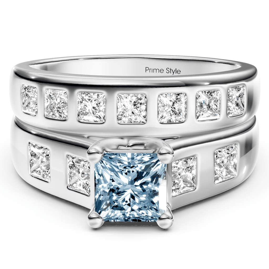1.95 - 4.95 CT Princess Cut Fancy Blue Diamonds - Bridal Set - Primestyle.com