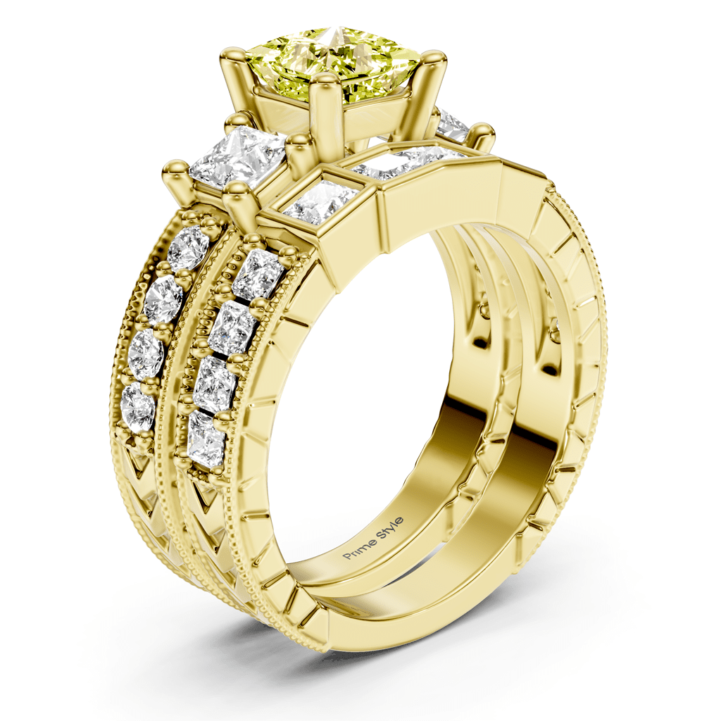 2.50 - 5.50 CT Princess & Round Cut Fancy Yellow Diamonds - Bridal Set - Primestyle.com