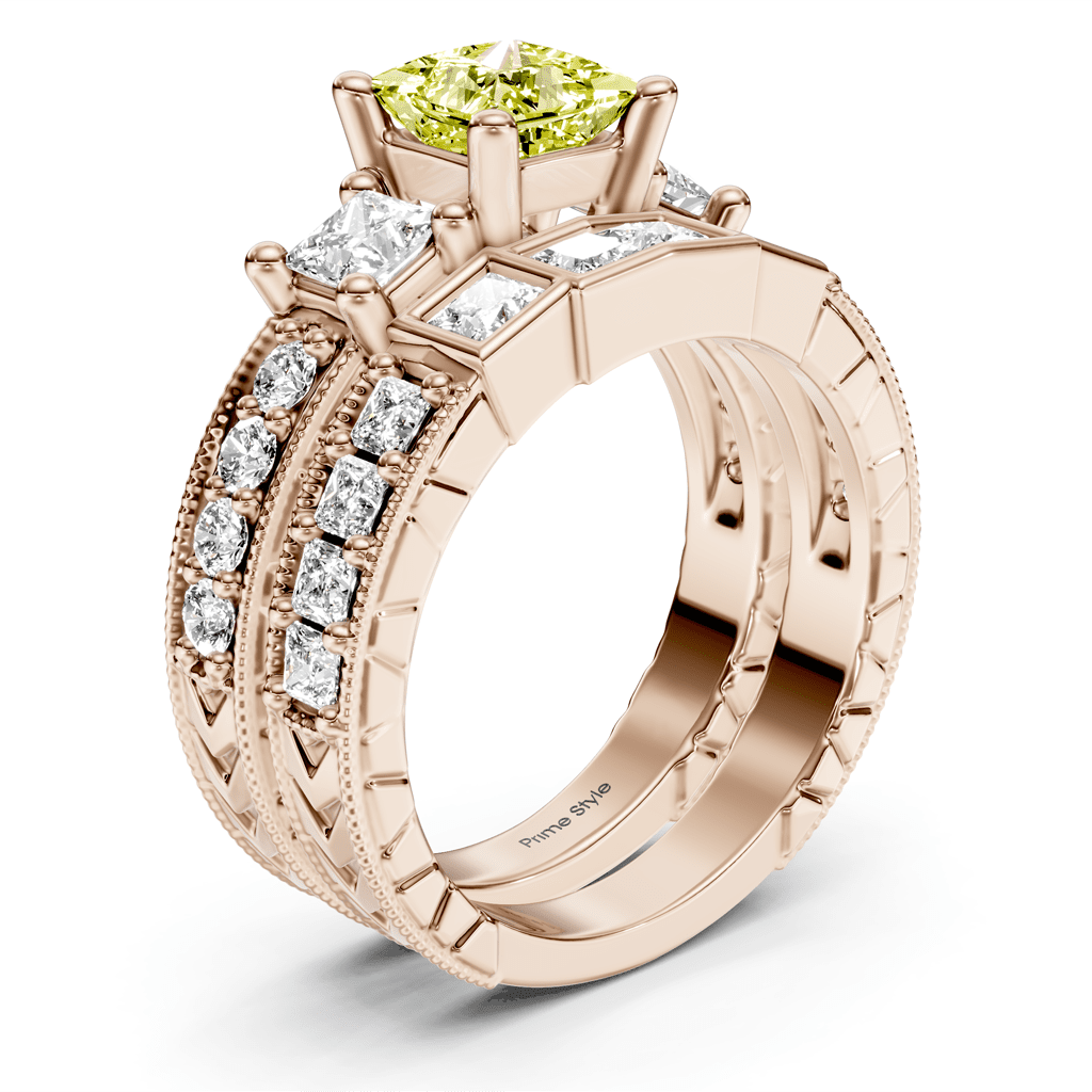 2.50 - 5.50 CT Princess & Round Cut Fancy Yellow Diamonds - Bridal Set - Primestyle.com