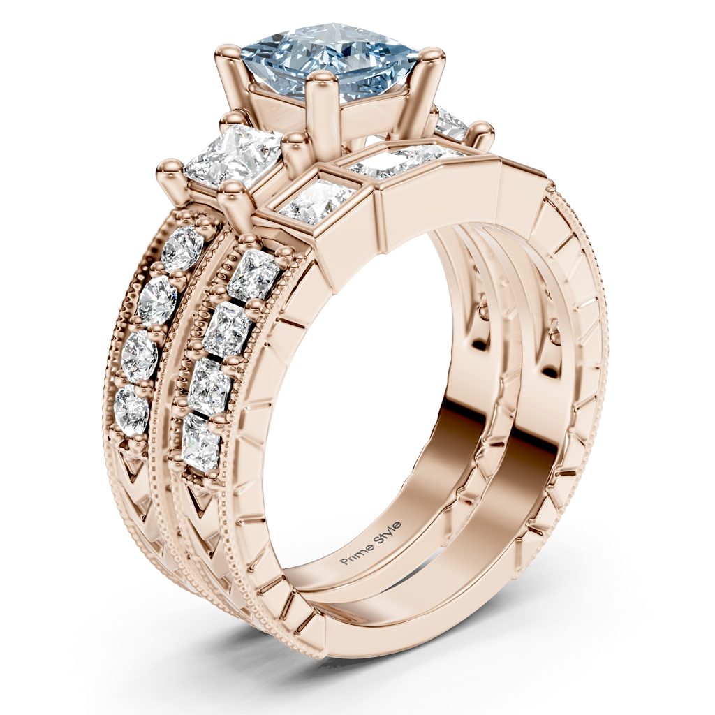 2.50-5.50 CT Princess & Round Cut Fancy Blue Diamonds - Bridal Set