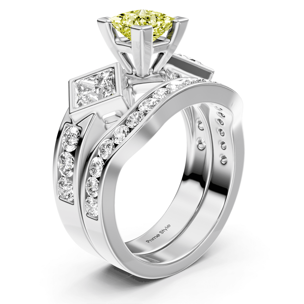 2.65 - 5.65 CT Princess & Round Cut Fancy Yellow Diamonds - Bridal Set - Primestyle.com