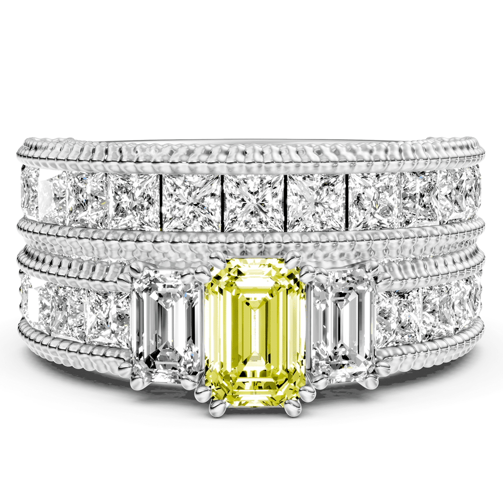 4.10 - 7.10 CT Emerald & Princess & Round Cut Fancy Yellow Diamonds - Bridal Set - Primestyle.com