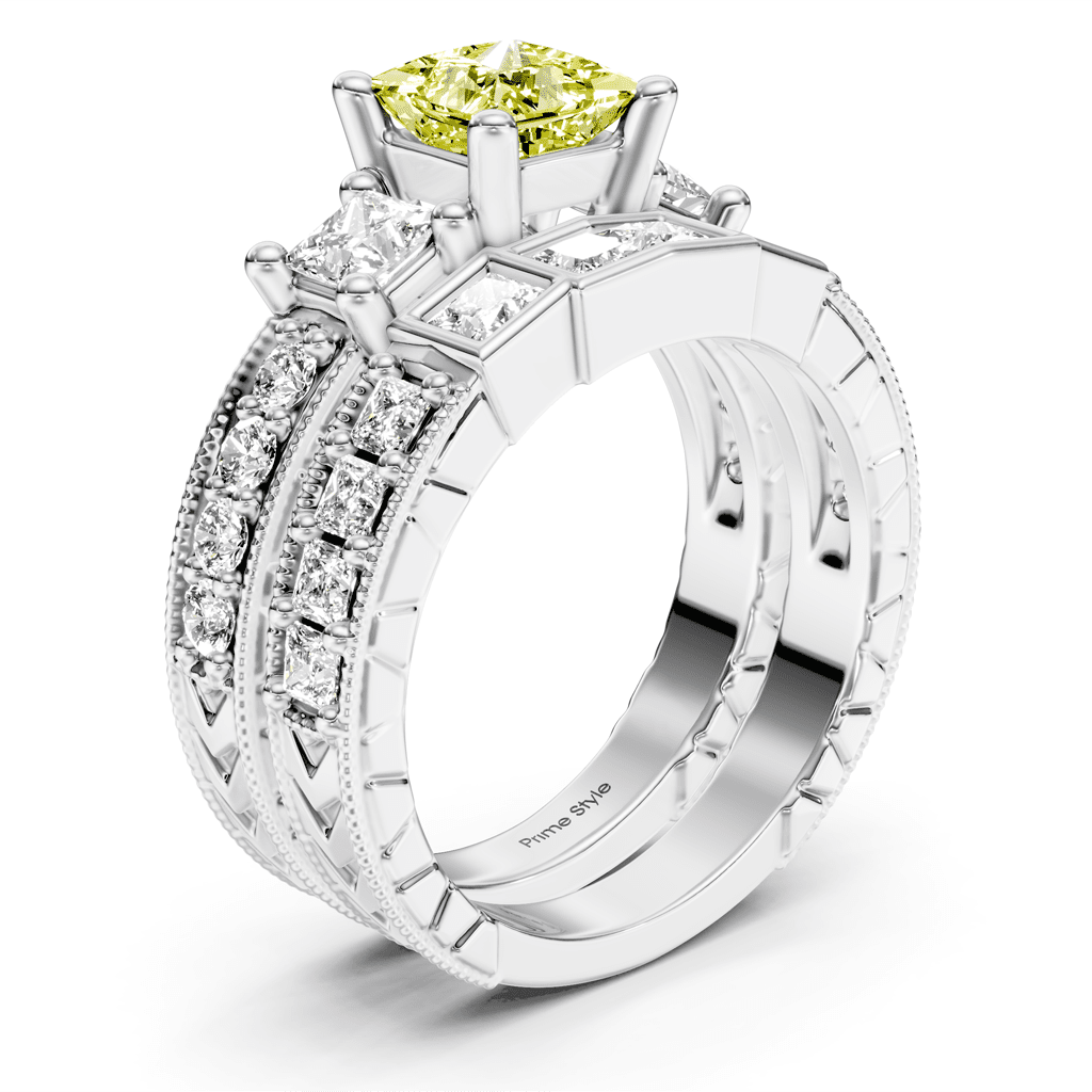 2.50 - 5.50 CT Princess & Round Cut Fancy Yellow Diamonds - Bridal Set - Primestyle.com