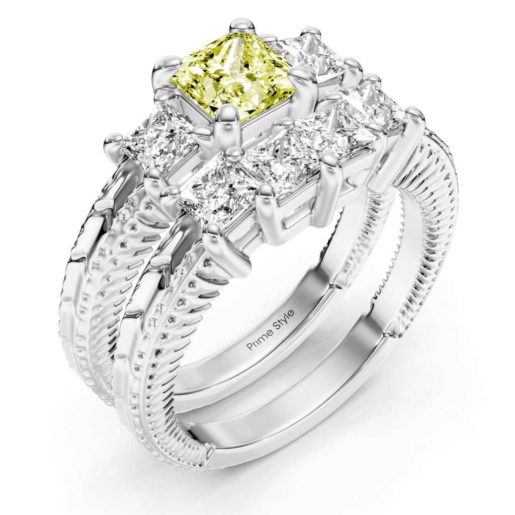 2.25 - 5.25 CT Princess Cut Fancy Yellow Diamonds - Bridal Set - Primestyle.com