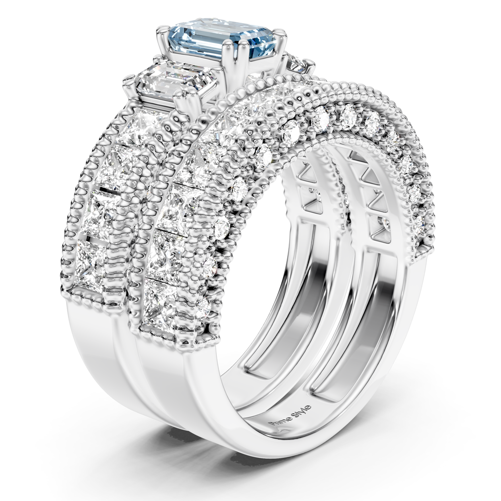 4.10-7.10 CT Emerald & Princess & Round Cut Fancy Blue Diamonds - Bridal Set