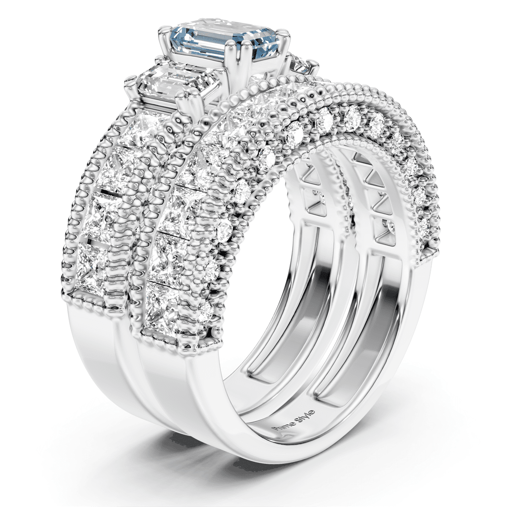 4.10-7.10 CT Emerald & Princess & Round Cut Fancy Blue Diamonds - Bridal Set