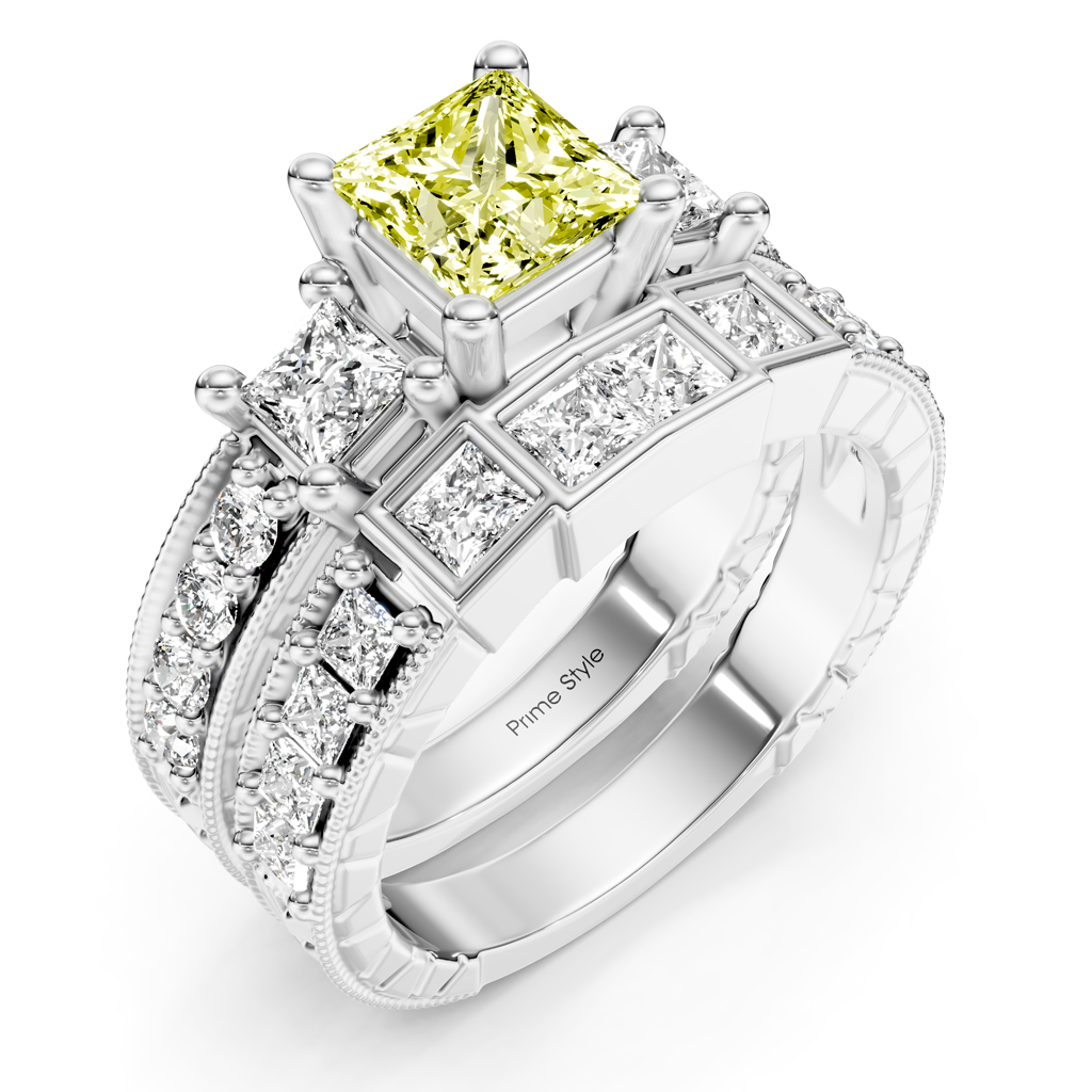 2.50-5.50 CT Princess & Round Cut Fancy Yellow Diamonds - Bridal Set
