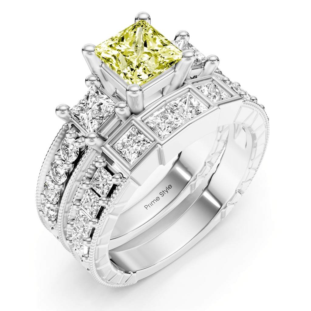 2.50 - 5.50 CT Princess & Round Cut Fancy Yellow Diamonds - Bridal Set - Primestyle.com