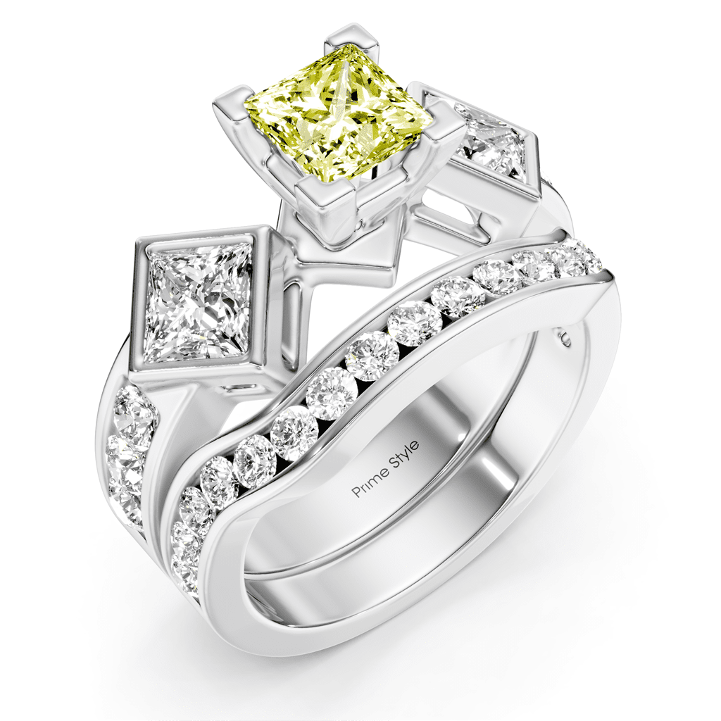 2.65 - 5.65 CT Princess & Round Cut Fancy Yellow Diamonds - Bridal Set - Primestyle.com