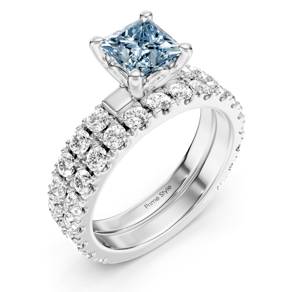 2.40-5.40 CT Princess & Round Cut Fancy Blue Diamonds - Bridal Set