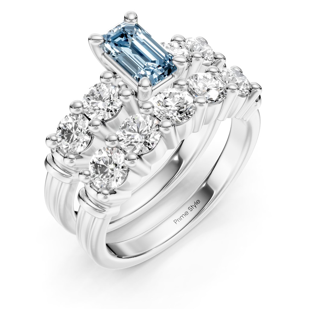 2.40-5.40 CT Emerald & Round Cut Fancy Blue Diamonds - Bridal Set