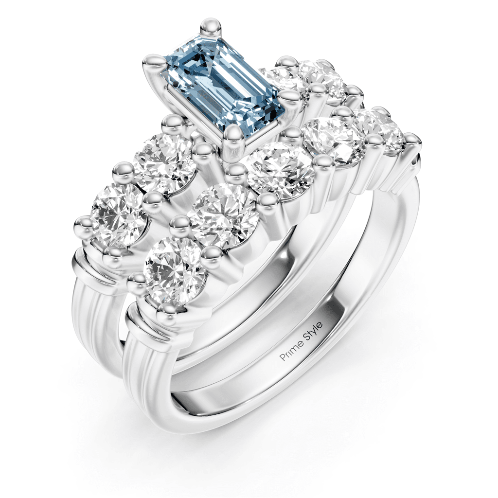 2.40 - 5.40 CT Emerald & Round Cut Fancy Blue Diamonds - Bridal Set - Primestyle.com