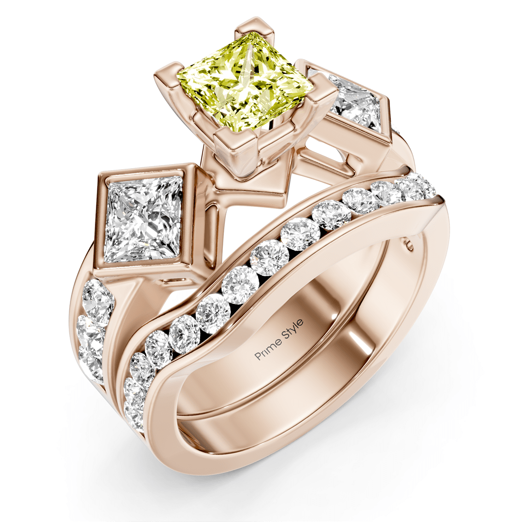 2.65 - 5.65 CT Princess & Round Cut Fancy Yellow Diamonds - Bridal Set - Primestyle.com