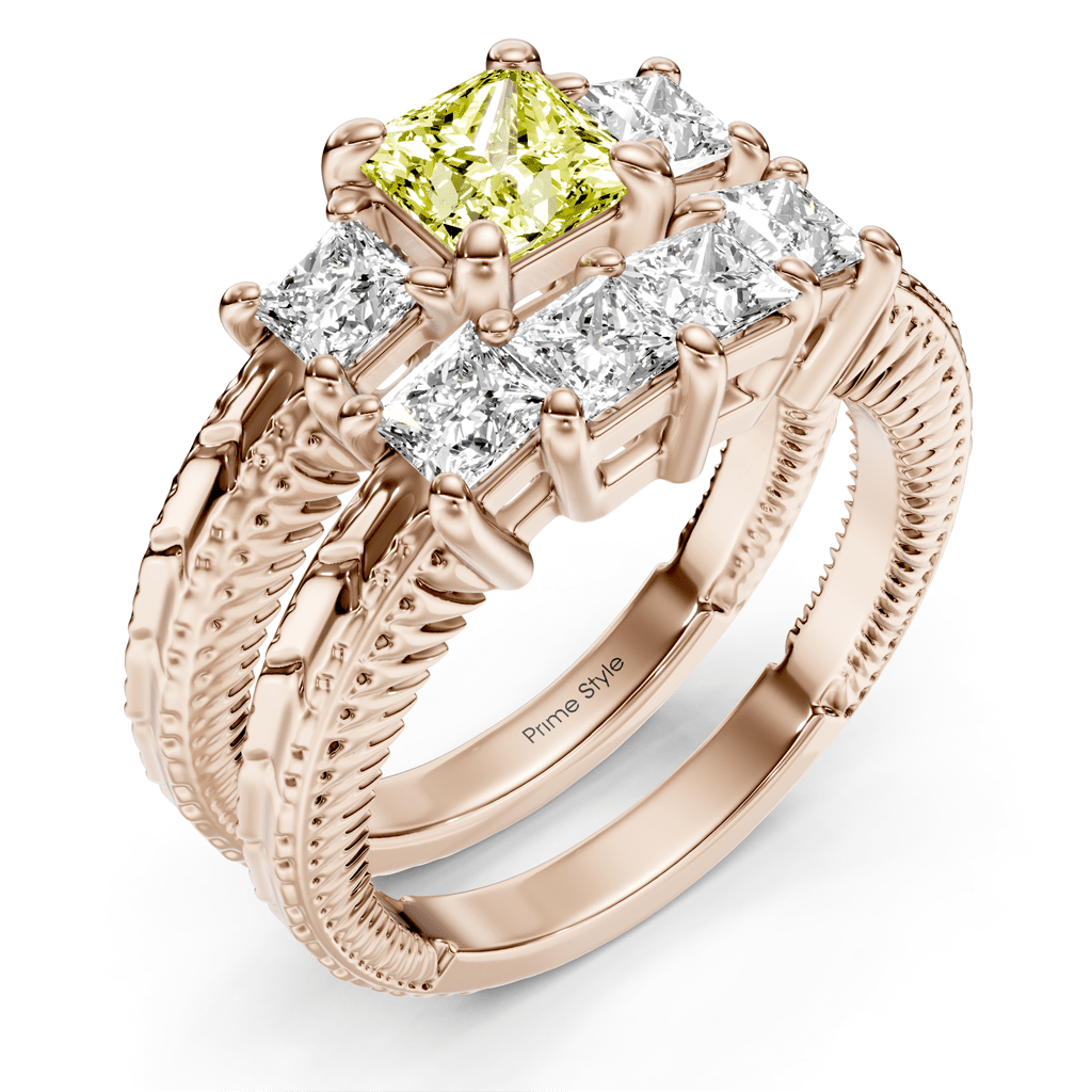 2.25 - 5.25 CT Princess Cut Fancy Yellow Diamonds - Bridal Set - Primestyle.com