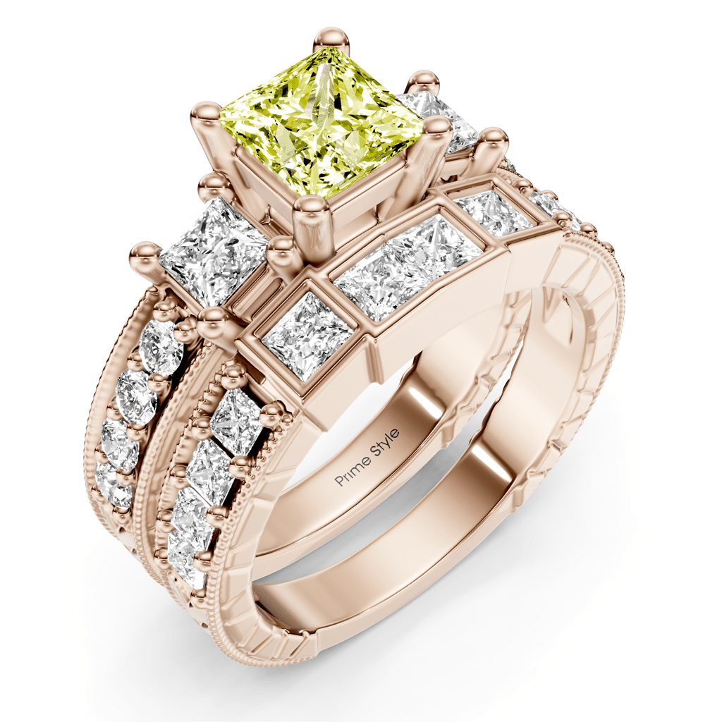 2.50 - 5.50 CT Princess & Round Cut Fancy Yellow Diamonds - Bridal Set - Primestyle.com