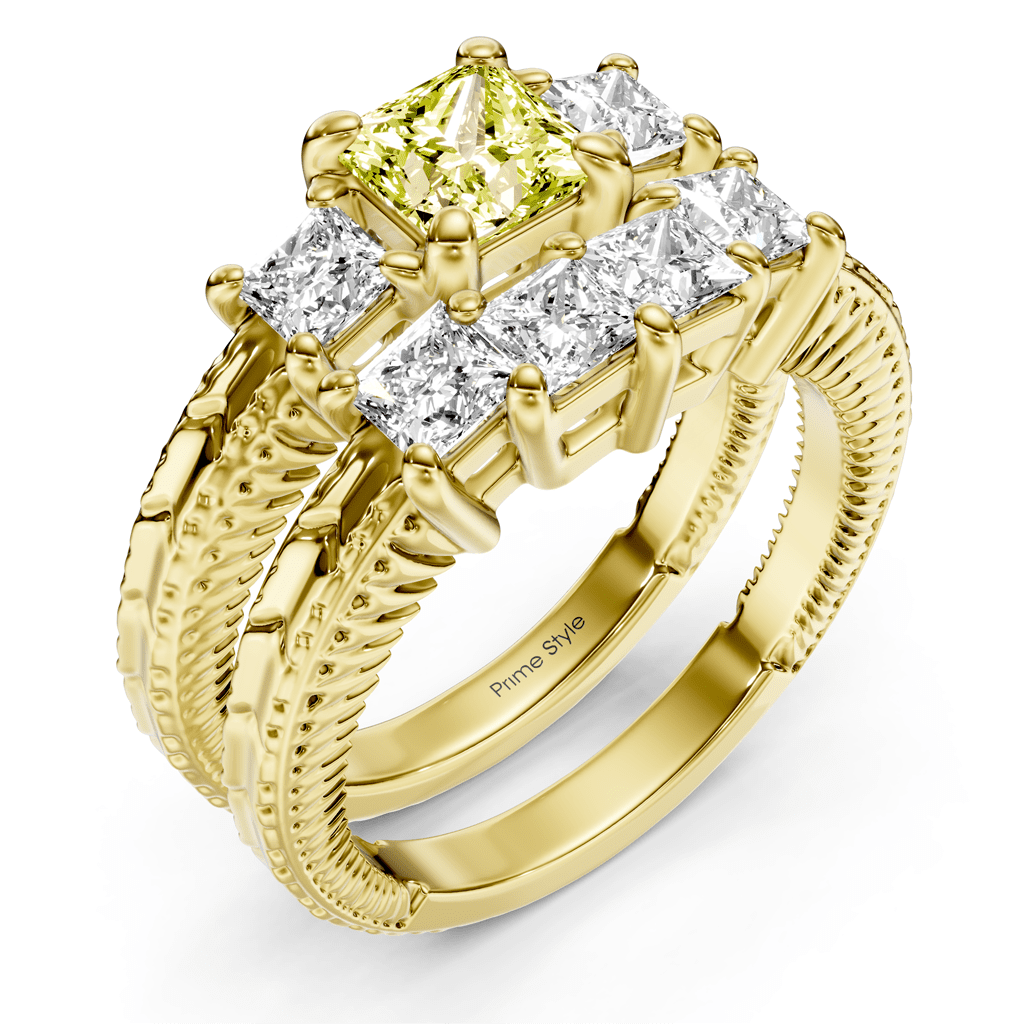 2.25 - 5.25 CT Princess Cut Fancy Yellow Diamonds - Bridal Set - Primestyle.com