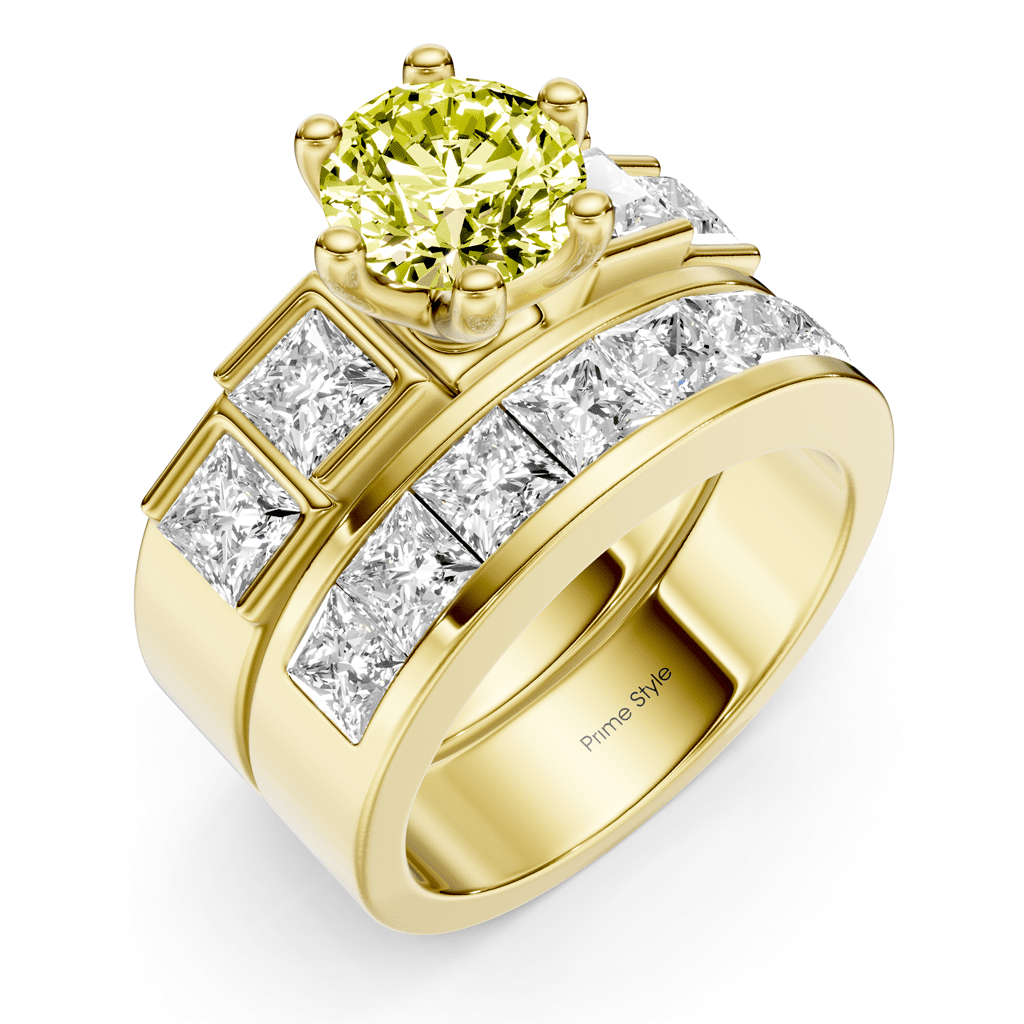 3.00 - 6.00 CT Princess & Round Cut Fancy Yellow Diamonds - Bridal Set - Primestyle.com