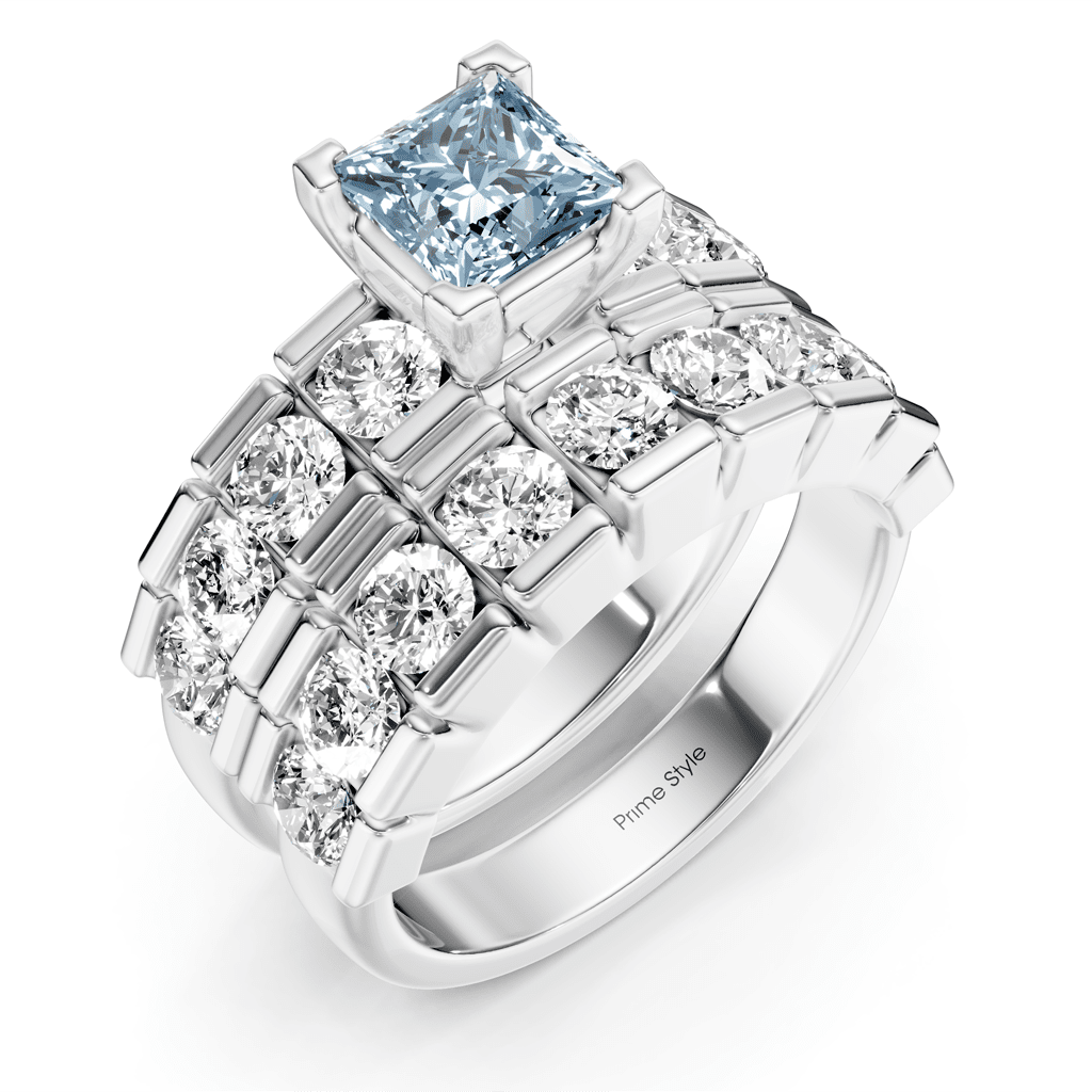 3.25-6.25 CT Princess & Round Cut Fancy Blue Diamonds - Bridal Set
