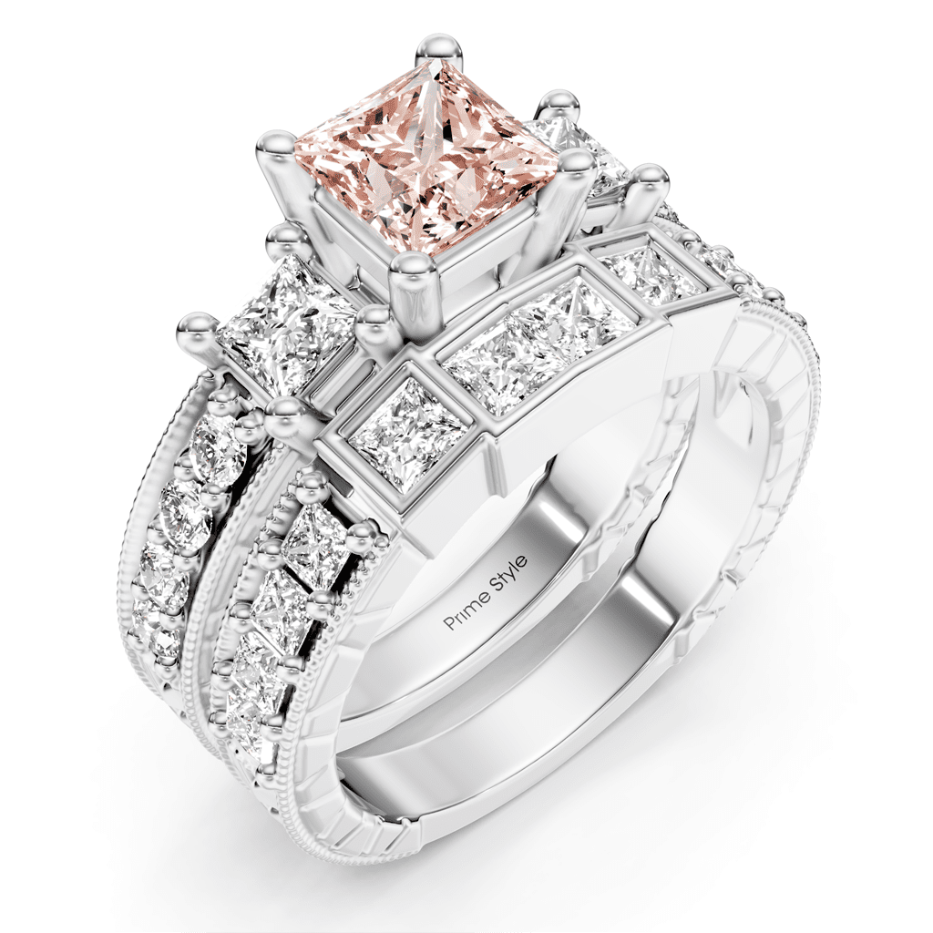 2.50 - 5.50 CT Princess & Round Cut Fancy Pink Diamonds - Bridal Set - Primestyle.com