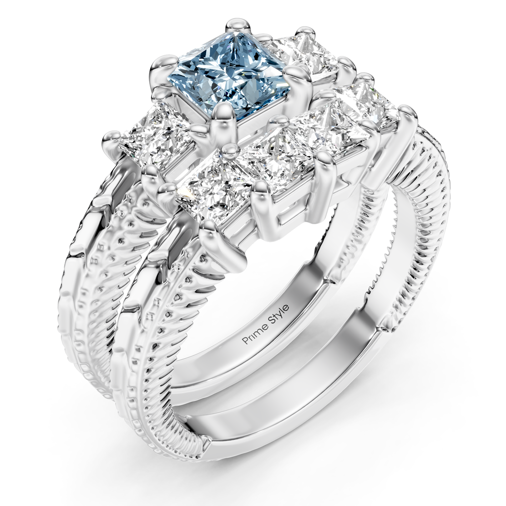 2.25-5.25 CT Princess Cut Fancy Blue Diamonds - Bridal Set