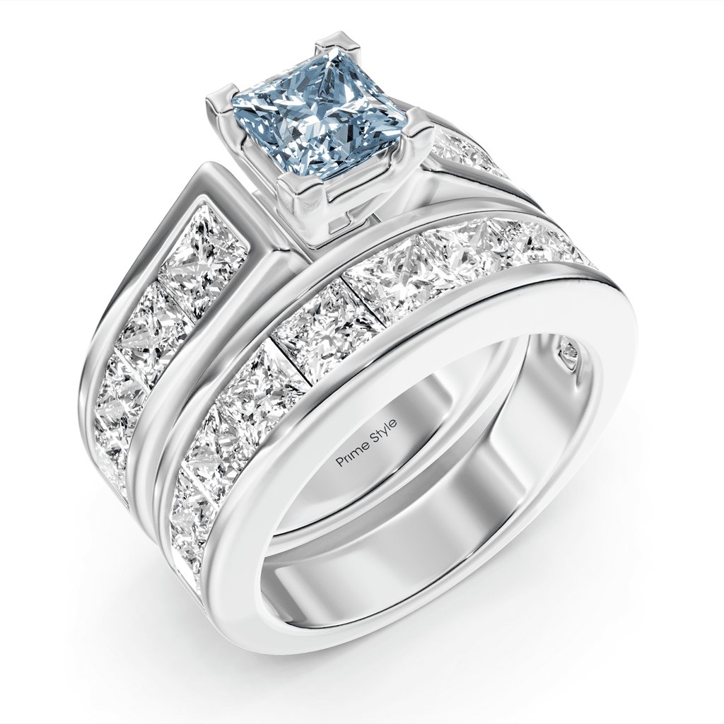 5.90-8.90 CT Princess Cut Fancy Blue Diamonds - Bridal Set