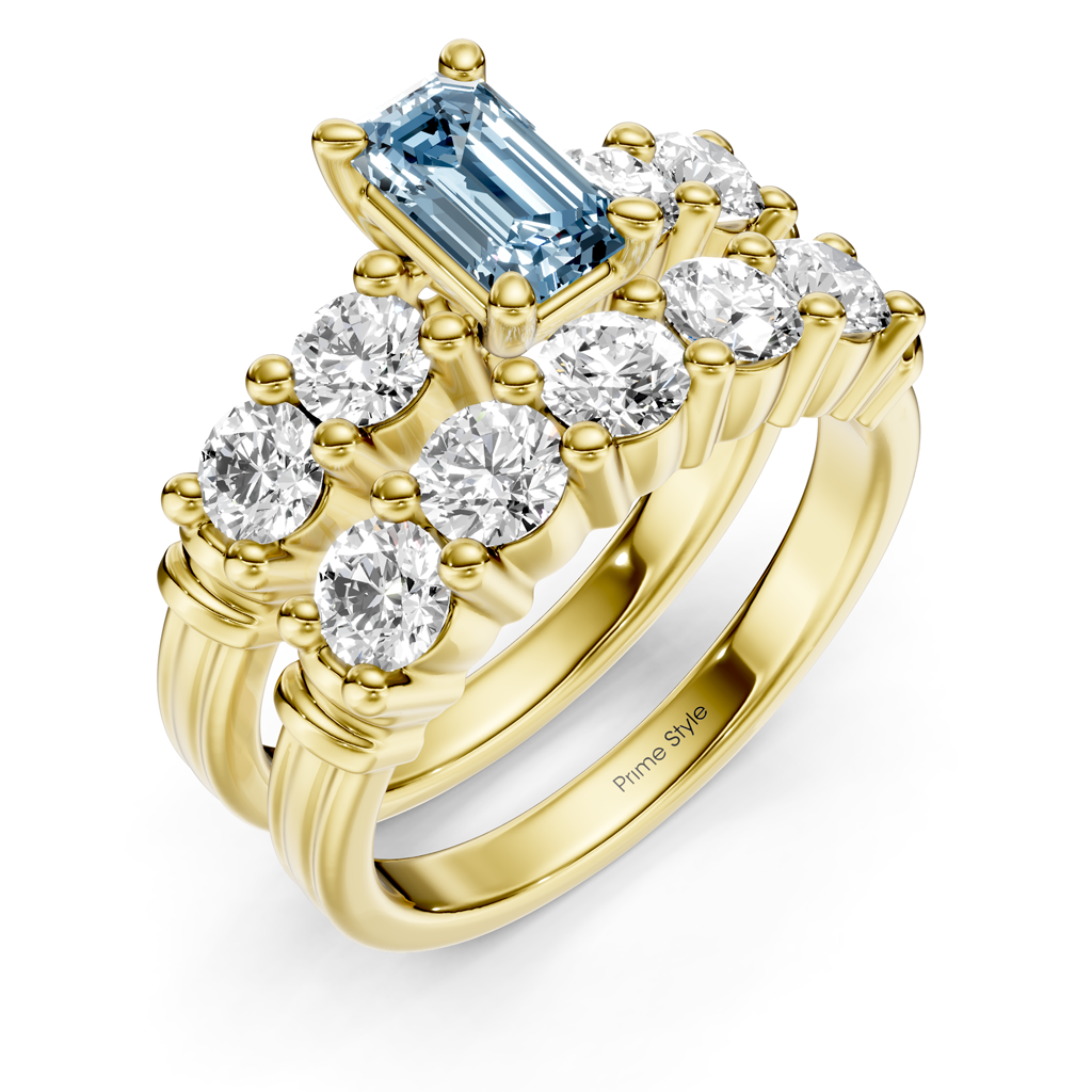 2.40-5.40 CT Emerald & Round Cut Fancy Blue Diamonds - Bridal Set