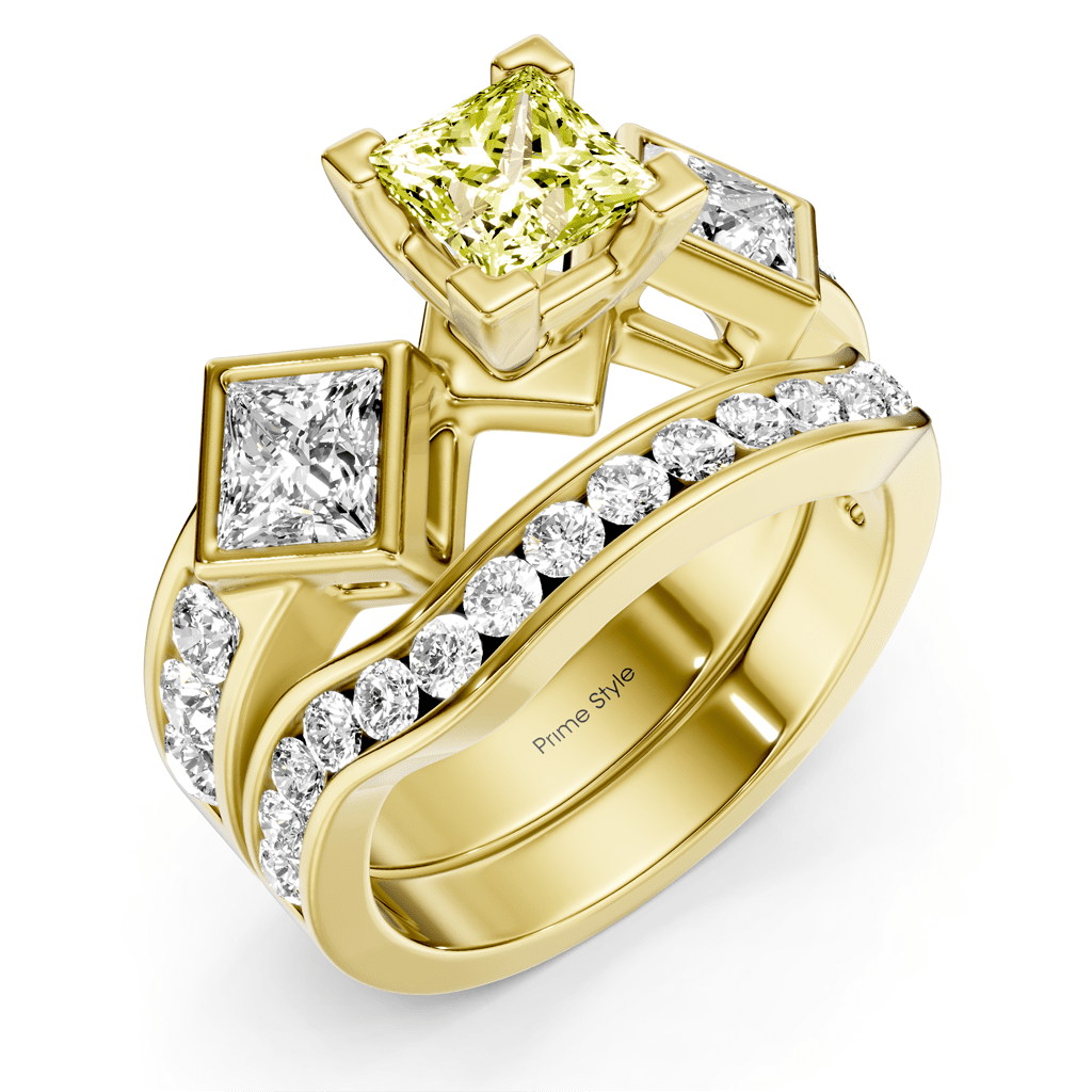 2.65 - 5.65 CT Princess & Round Cut Fancy Yellow Diamonds - Bridal Set - Primestyle.com