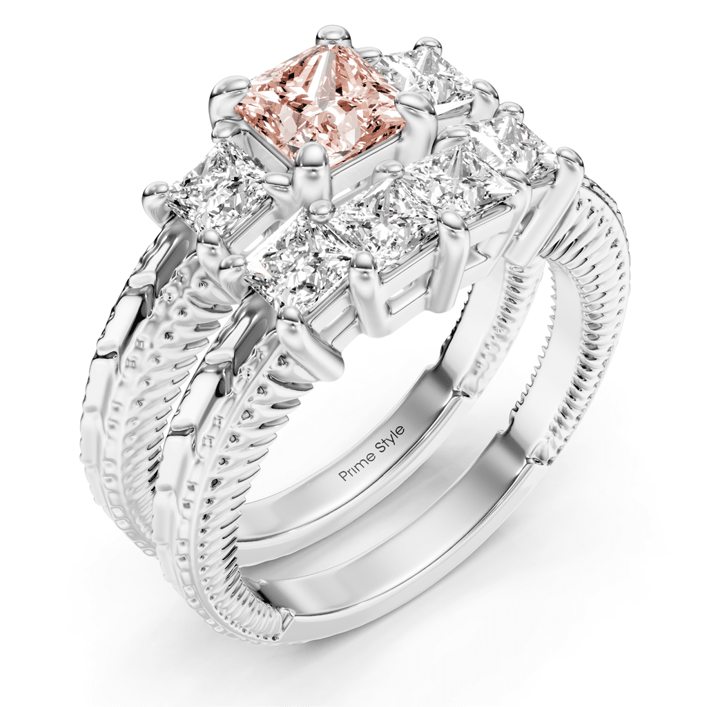 2.25 - 5.25 CT Princess Cut Fancy Pink Diamonds - Bridal Set - Primestyle.com