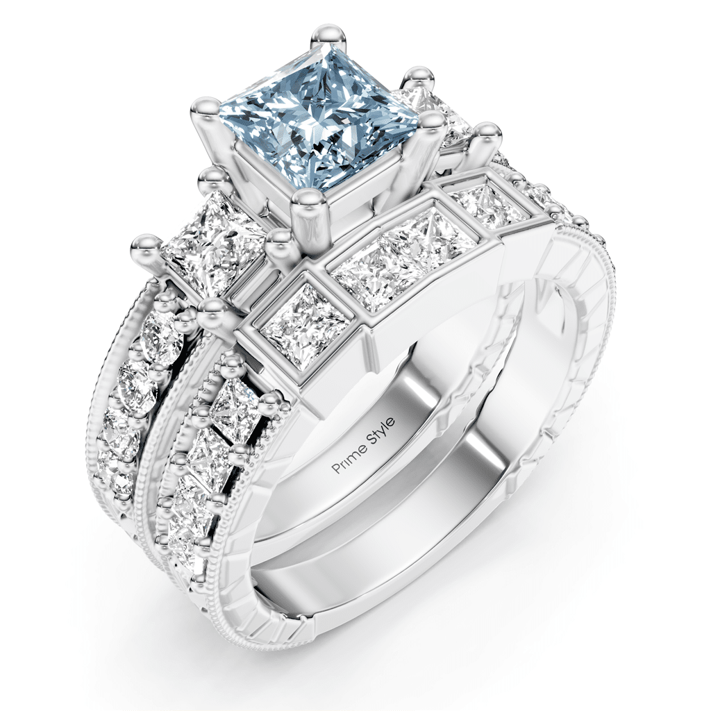 2.50-5.50 CT Princess & Round Cut Fancy Blue Diamonds - Bridal Set