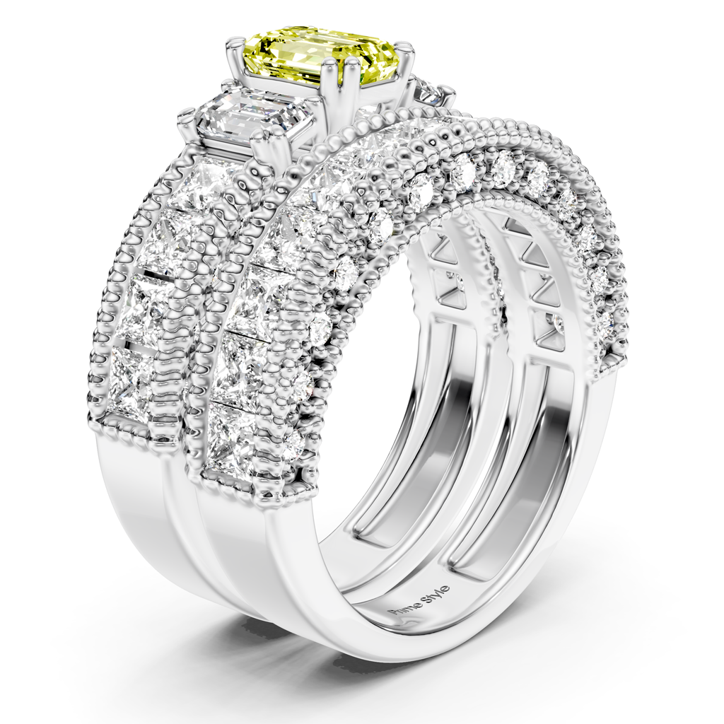 4.10-7.10 CT Emerald & Princess & Round Cut Fancy Yellow Diamonds - Bridal Set