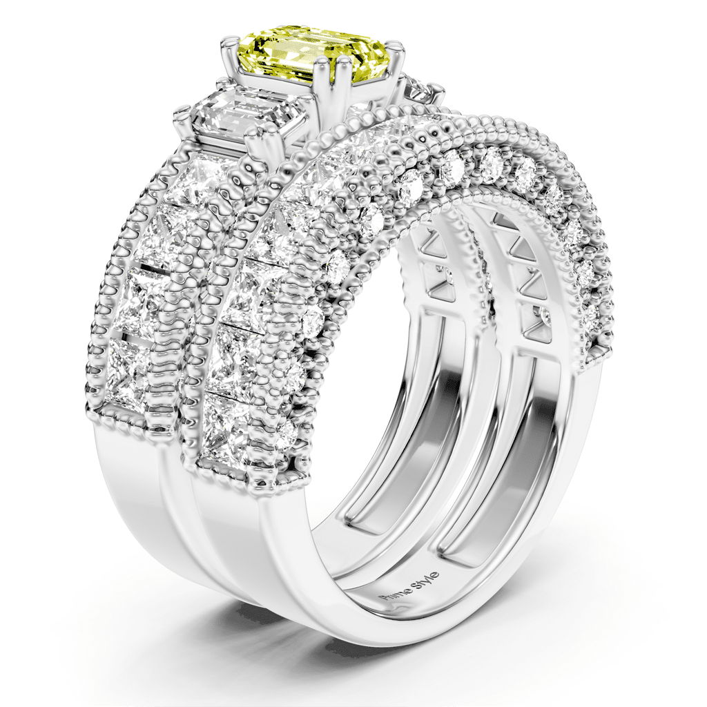 4.10 - 7.10 CT Emerald & Princess & Round Cut Fancy Yellow Diamonds - Bridal Set - Primestyle.com