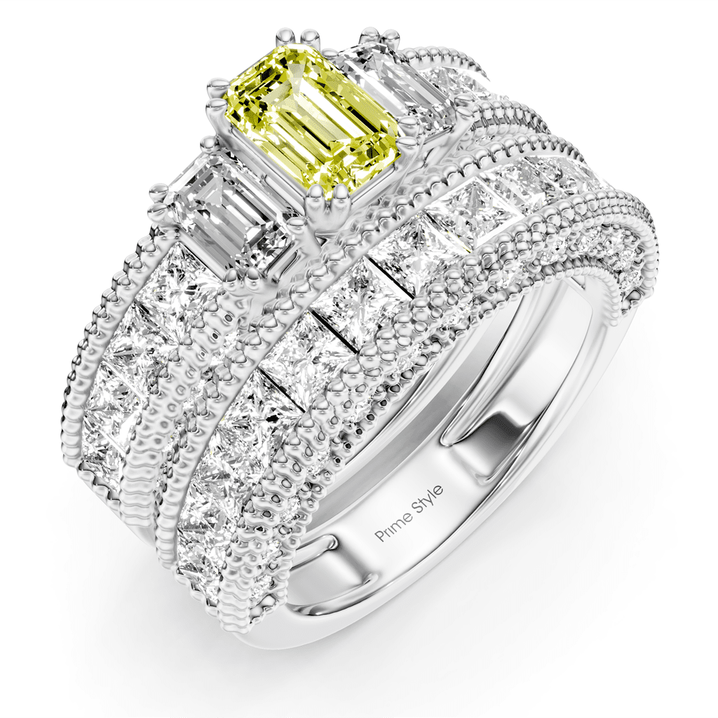 4.10-7.10 CT Emerald & Princess & Round Cut Fancy Yellow Diamonds - Bridal Set