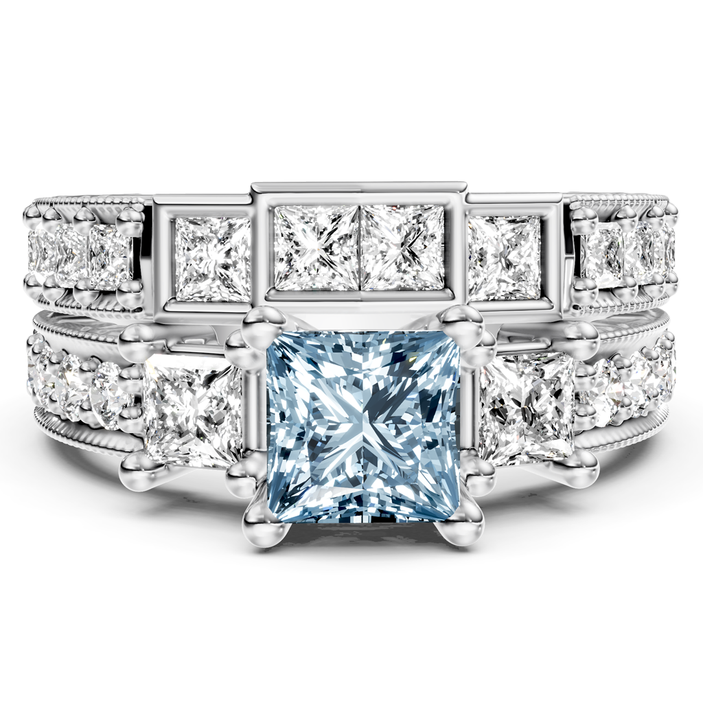2.50-5.50 CT Princess & Round Cut Fancy Blue Diamonds - Bridal Set