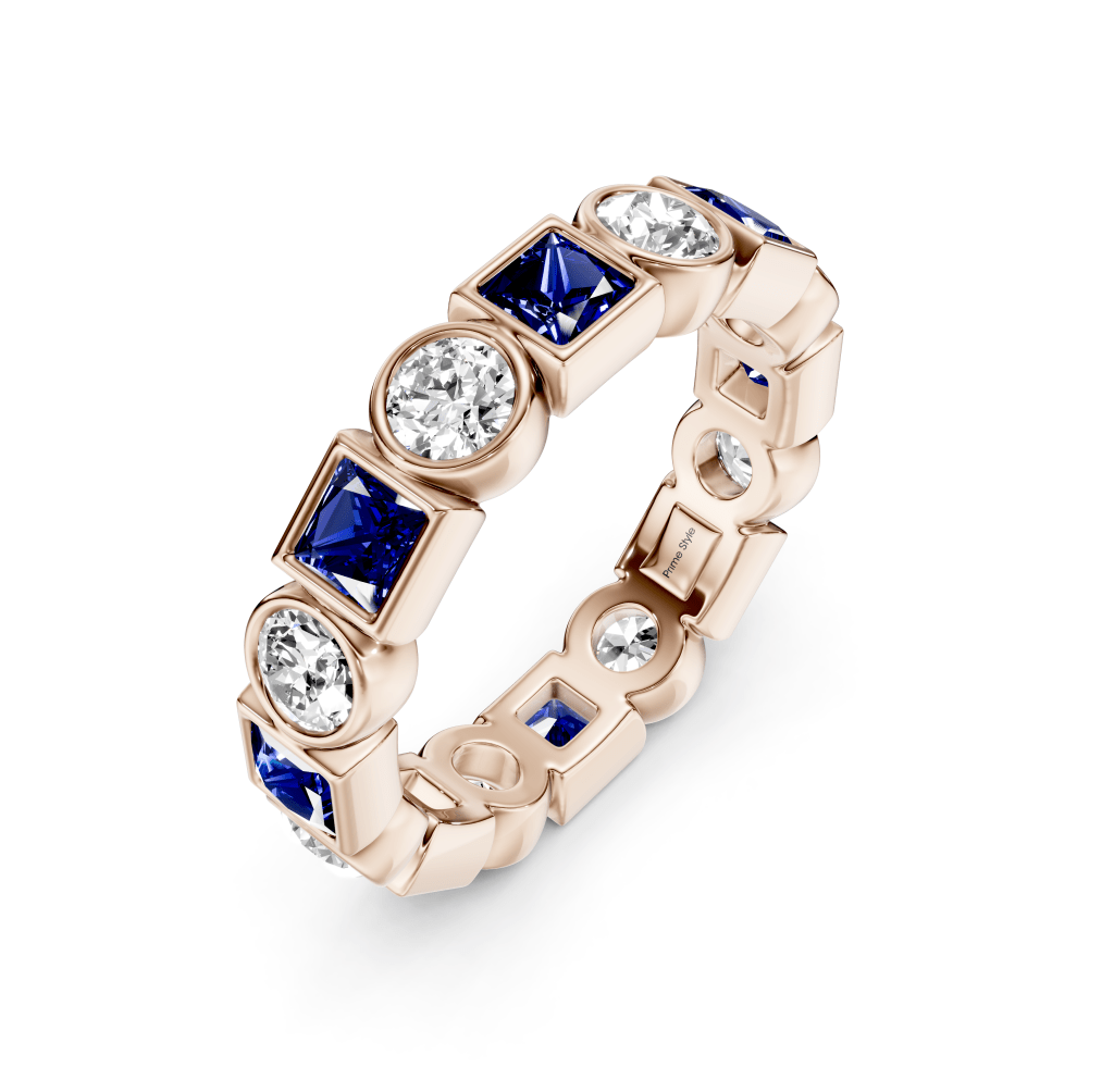 1.50 CT Princess & Round Cut Blue Sapphires and Diamonds - Eternity Rings