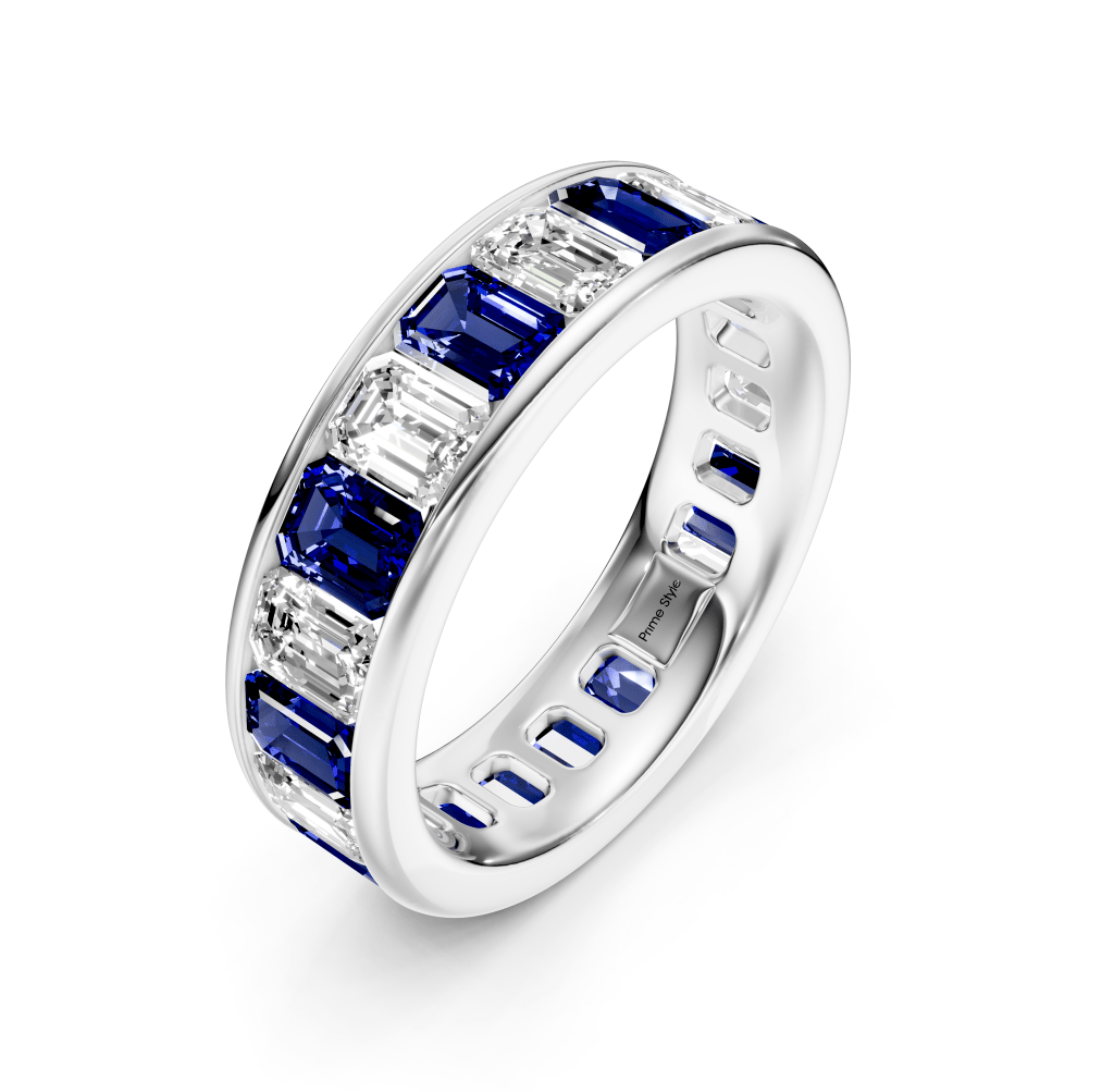 4.00-7.00 CT Emerald Cut Blue Sapphires and Diamonds - Eternity Rings
