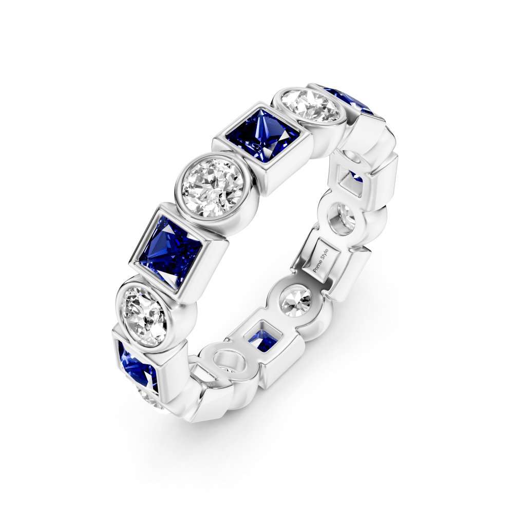 1.50 CT Princess & Round Cut Blue Sapphires and Diamonds - Eternity Rings - Primestyle.com